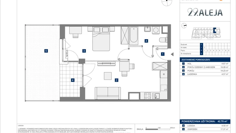 Rzut - Mieszkanie na sprzedaż 2 pokoje o powierzchni 42,75 m² - numer C.5 w 29. Aleja etap 2