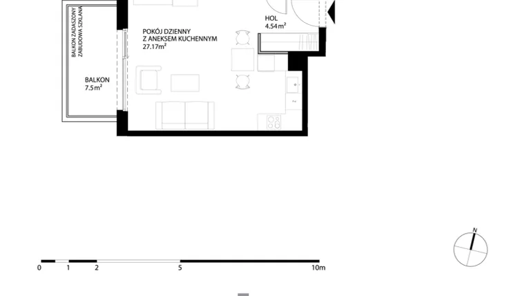 Rzut - Mieszkanie na sprzedaż 2 pokoje o powierzchni 48,73 m² - numer K114 w Nowe Kolibki etap 4