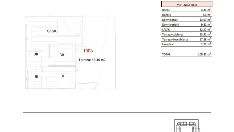 Rzut - Mieszkanie na sprzedaż 2 pokoje o powierzchni 108,83 m² - numer 1003 w Apartamenty w San Miguel de Salinas - 97009342