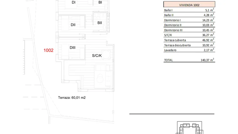 Rzut - Mieszkanie na sprzedaż 3 pokoje o powierzchni 140,37 m² - numer 1002 w Apartamenty w San Miguel de Salinas - 97009342