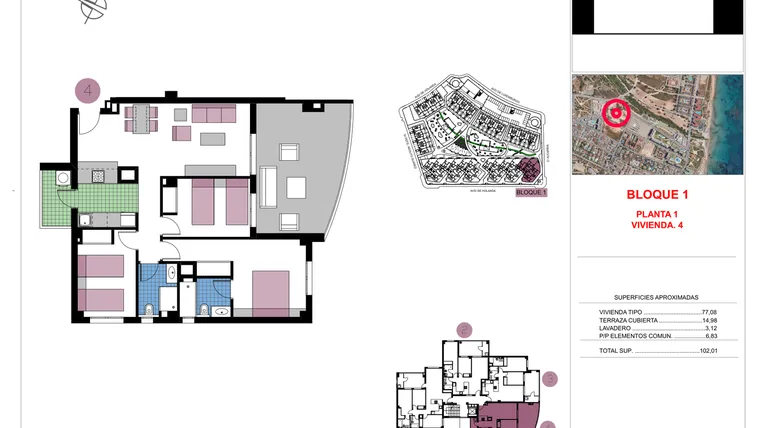 Rzut - Mieszkanie na sprzedaż 3 pokoje o powierzchni 102,01 m² - numer 1-4 w Apartamenty w Mil Palmeras - 71919041