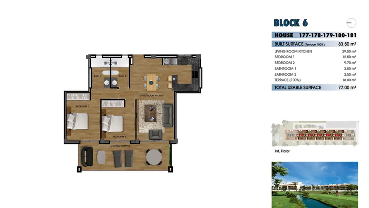 Rzut - Mieszkanie na sprzedaż 2 pokoje o powierzchni 83,5 m² - numer 1-179 w Apartamenty w Los Alcázares - 40379092