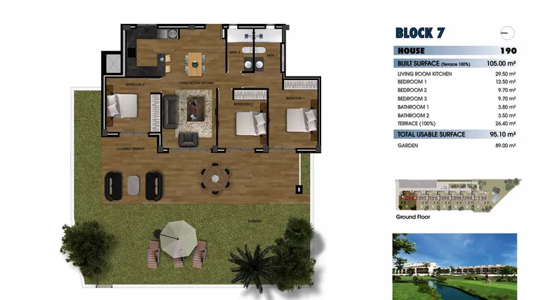 Rzut - Mieszkanie na sprzedaż 3 pokoje o powierzchni 105 m² - numer 0-190 w Apartamenty w Los Alcázares - 40379092