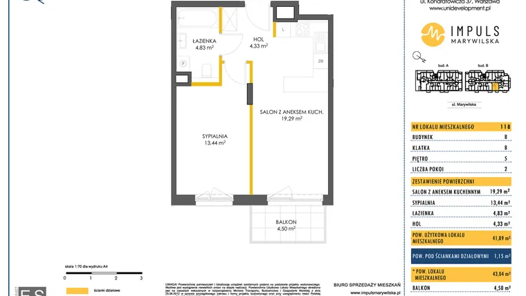 Rzut - Mieszkanie na sprzedaż 2 pokoje o powierzchni 41,76 m² - numer B/118 w Impuls Marywilska