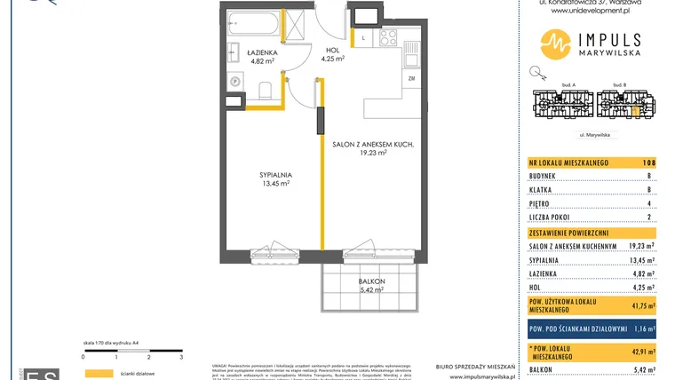 Rzut - Mieszkanie na sprzedaż 2 pokoje o powierzchni 41,75 m² - numer B/108 w Impuls Marywilska