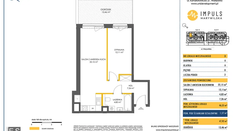 Rzut - Mieszkanie na sprzedaż 2 pokoje o powierzchni 46,54 m² - numer A/3 w Impuls Marywilska