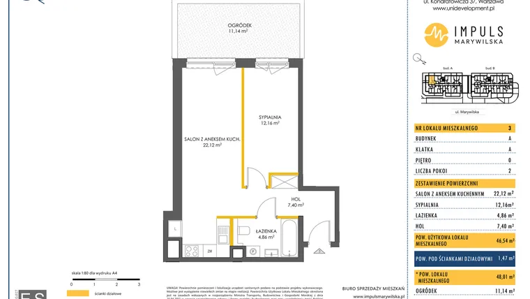 Rzut - Mieszkanie na sprzedaż 2 pokoje o powierzchni 46,54 m² - numer A/3 w Impuls Marywilska