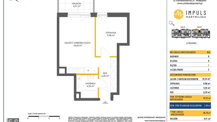 Rzut - Mieszkanie na sprzedaż 2 pokoje o powierzchni 39,77 m² - numer B/83 w Impuls Marywilska