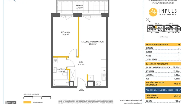 Rzut - Mieszkanie na sprzedaż 2 pokoje o powierzchni 44,25 m² - numer A/43 w Impuls Marywilska