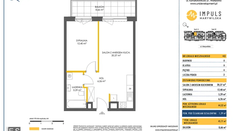 Rzut - Mieszkanie na sprzedaż 2 pokoje o powierzchni 44,25 m² - numer A/43 w Impuls Marywilska