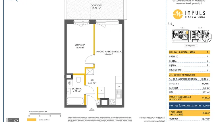 Rzut - Mieszkanie na sprzedaż 2 pokoje o powierzchni 39,26 m² - numer A/7 w Impuls Marywilska