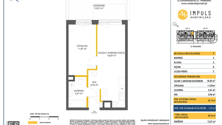 Rzut - Mieszkanie na sprzedaż 2 pokoje o powierzchni 39,26 m² - numer A/7 w Impuls Marywilska