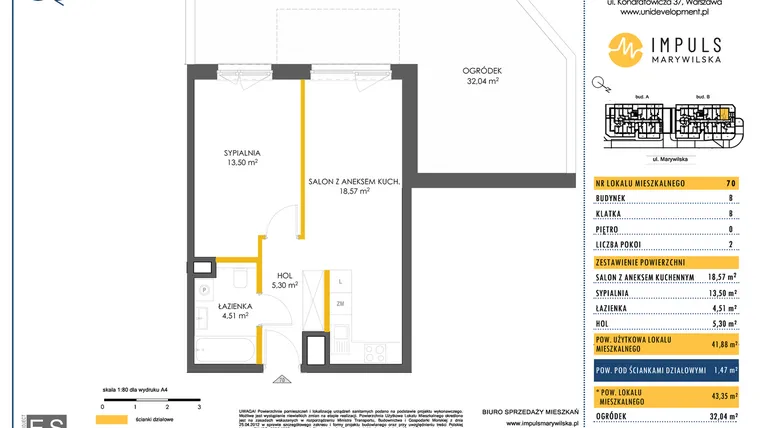 Rzut - Mieszkanie na sprzedaż 2 pokoje o powierzchni 42 m² - numer B/70 w Impuls Marywilska