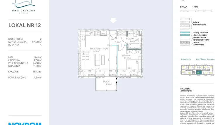 Rzut - Mieszkanie na sprzedaż 2 pokoje o powierzchni 45,17 m² - numer A.12 w Dwa Jeziora AB
