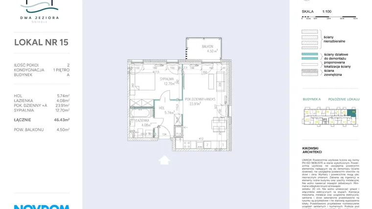 Rzut - Mieszkanie na sprzedaż 2 pokoje o powierzchni 46,43 m² - numer A.15 w Dwa Jeziora AB