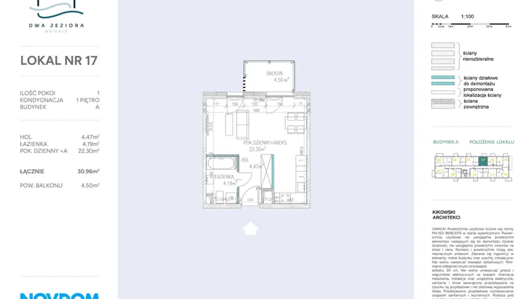 Rzut - Mieszkanie na sprzedaż 1 pokój o powierzchni 30,96 m² - numer A.17 w Dwa Jeziora AB