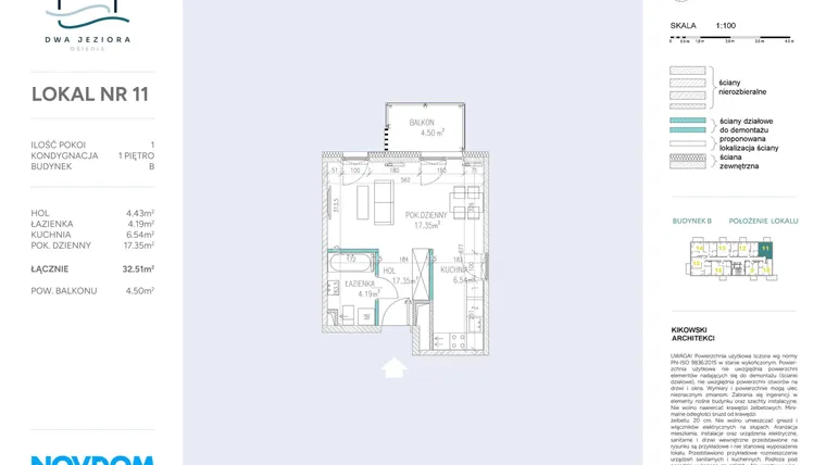 Rzut - Mieszkanie na sprzedaż 1 pokój o powierzchni 32,51 m² - numer B.11 w Dwa Jeziora AB