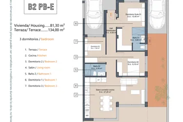 Rzut - Mieszkanie na sprzedaż 3 pokoje o powierzchni 81,3 m² - numer 0-PB-E w Apartamenty w Los Alcázares - 49717964