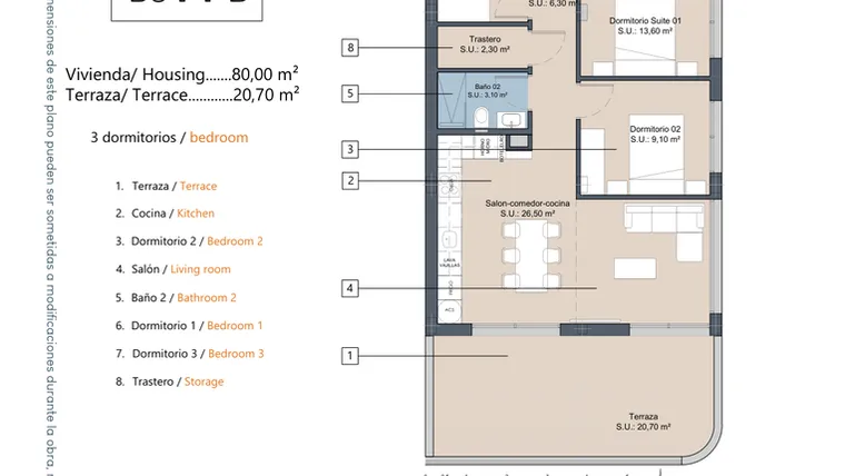 Rzut - Mieszkanie na sprzedaż 3 pokoje o powierzchni 80 m² - numer 1-P1-D w Apartamenty w Los Alcázares - 49717964