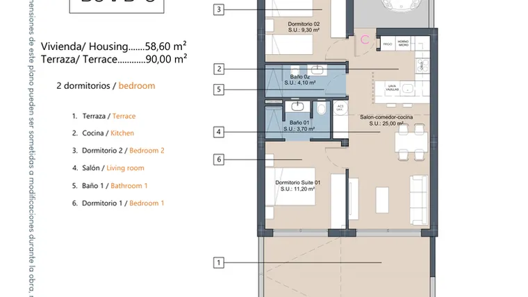 Rzut - Mieszkanie na sprzedaż 2 pokoje o powierzchni 58,6 m² - numer 0-PB-C w Apartamenty w Los Alcázares - 49717964