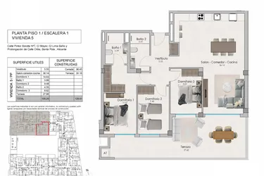 Rzut - Mieszkanie na sprzedaż 3 pokoje o powierzchni 126,61 m² - numer 1-5 w Apartamenty w Santa Pola - 92373724