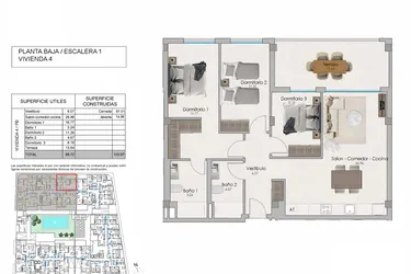 Rzut - Mieszkanie na sprzedaż 3 pokoje o powierzchni 105,97 m² - numer 0-4 w Apartamenty w Santa Pola - 92373724
