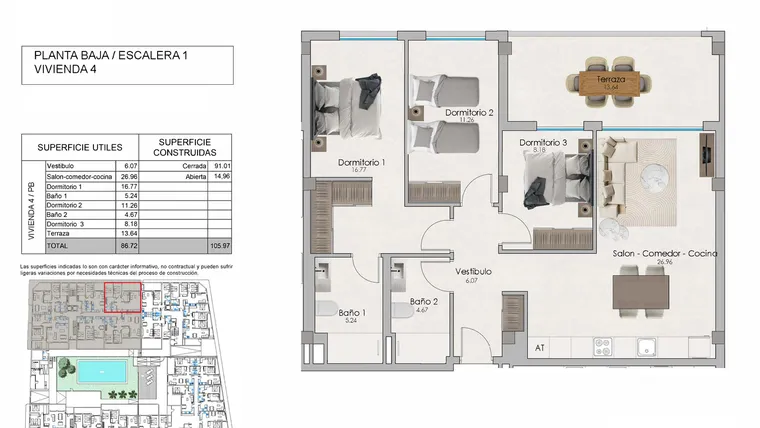 Rzut - Mieszkanie na sprzedaż 3 pokoje o powierzchni 105,97 m² - numer 0-4 w Apartamenty w Santa Pola - 92373724