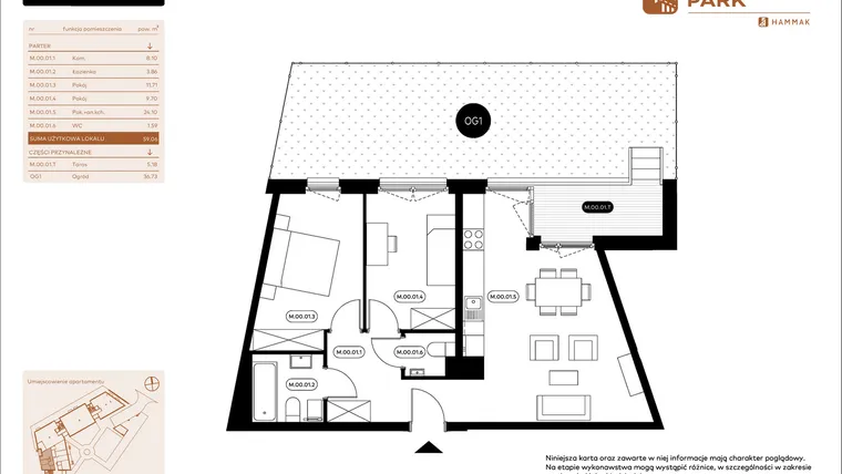 Rzut - Mieszkanie na sprzedaż 3 pokoje o powierzchni 59,13 m² - numer 0.01 w Białoprądnicka Park