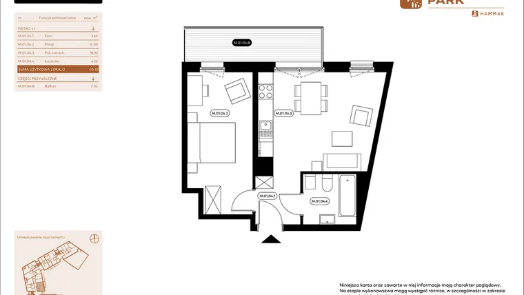 Rzut - Mieszkanie na sprzedaż 2 pokoje o powierzchni 40,33 m² - numer 1.04 w Białoprądnicka Park