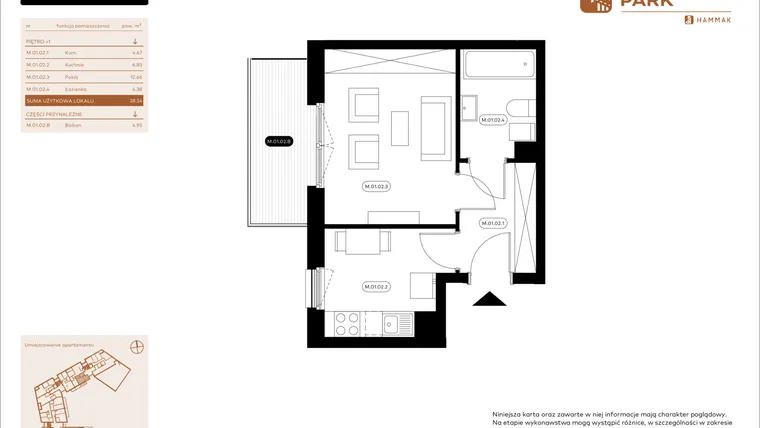 Rzut - Mieszkanie na sprzedaż 1 pokój o powierzchni 28,54 m² - numer 1.02 w Białoprądnicka Park