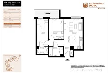 Rzut - Mieszkanie na sprzedaż 3 pokoje o powierzchni 55,77 m² - numer 1.07 w Białoprądnicka Park
