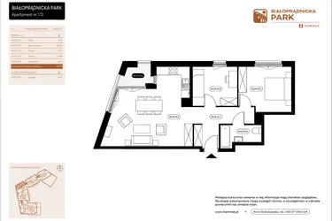 Rzut - Mieszkanie na sprzedaż 3 pokoje o powierzchni 61,04 m² - numer 1.12 w Białoprądnicka Park