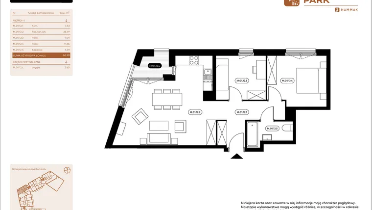Rzut - Mieszkanie na sprzedaż 3 pokoje o powierzchni 61,04 m² - numer 1.12 w Białoprądnicka Park