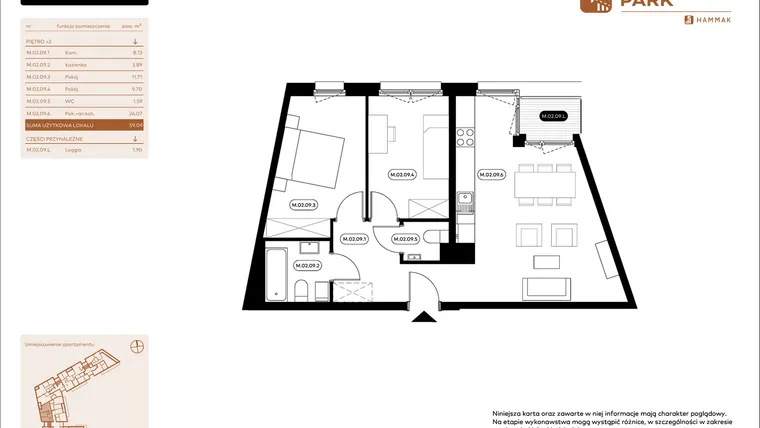 Rzut - Mieszkanie na sprzedaż 3 pokoje o powierzchni 59,18 m² - numer 2.09 w Białoprądnicka Park