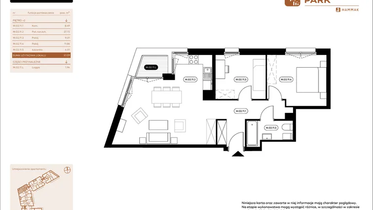 Rzut - Mieszkanie na sprzedaż 3 pokoje o powierzchni 61,07 m² - numer 2.11 w Białoprądnicka Park