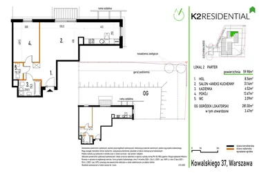 Rzut - Mieszkanie na sprzedaż 2 pokoje o powierzchni 59,98 m² - numer 2 w Kowalskiego 37