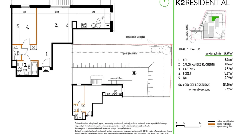 Rzut - Mieszkanie na sprzedaż 2 pokoje o powierzchni 60,04 m² - numer 2 w Kowalskiego 37