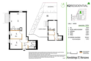 Rzut - Mieszkanie na sprzedaż 3 pokoje o powierzchni 60,02 m² - numer 1 w Kowalskiego 37