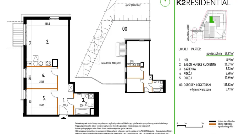 Rzut - Mieszkanie na sprzedaż 3 pokoje o powierzchni 60,02 m² - numer 1 w Kowalskiego 37