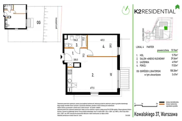 Rzut - Mieszkanie na sprzedaż 2 pokoje o powierzchni 51,78 m² - numer 4 w Kowalskiego 37