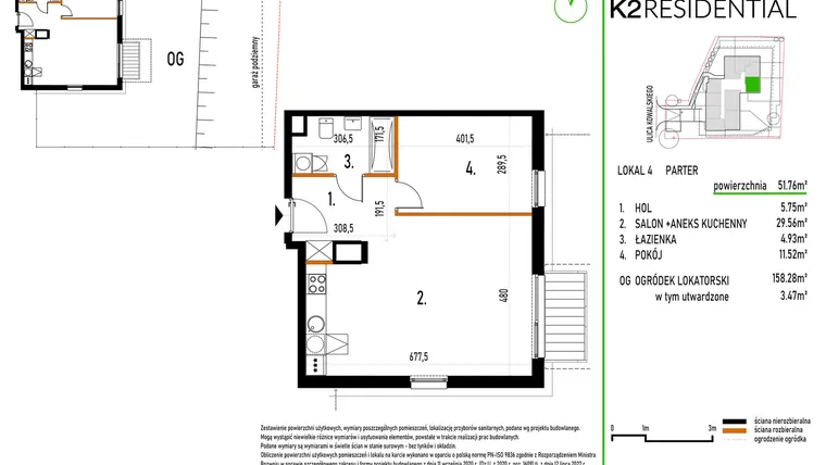 Rzut - Mieszkanie na sprzedaż 2 pokoje o powierzchni 51,78 m² - numer 4 w Kowalskiego 37