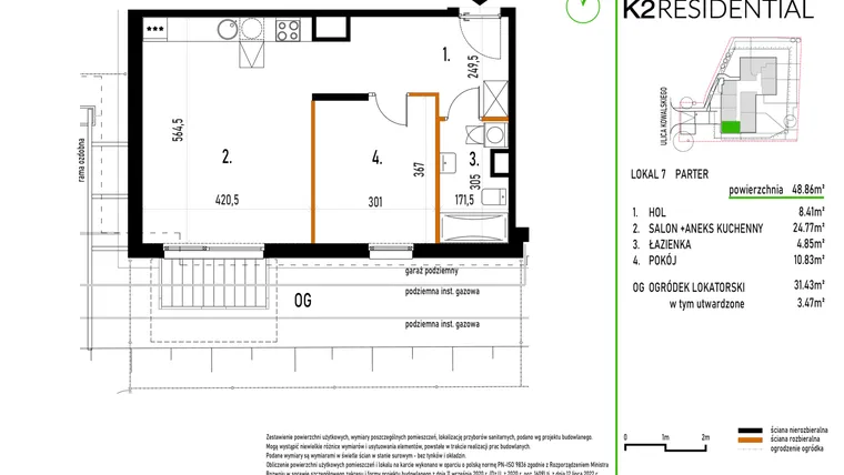 Rzut - Mieszkanie na sprzedaż 2 pokoje o powierzchni 48,86 m² - numer 7 w Kowalskiego 37