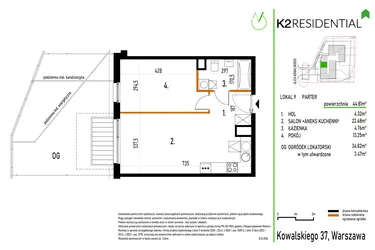 Rzut - Mieszkanie na sprzedaż 2 pokoje o powierzchni 44,81 m² - numer 9 w Kowalskiego 37