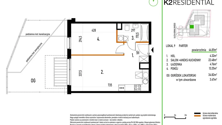 Rzut - Mieszkanie na sprzedaż 2 pokoje o powierzchni 44,81 m² - numer 9 w Kowalskiego 37