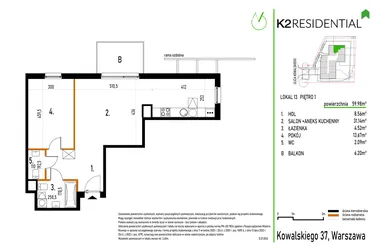 Rzut - Mieszkanie na sprzedaż 2 pokoje o powierzchni 59,98 m² - numer 13 w Kowalskiego 37