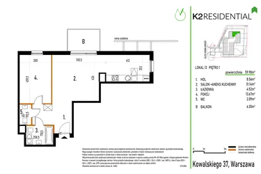 Rzut - Mieszkanie na sprzedaż 2 pokoje o powierzchni 60,28 m² - numer 13 w Kowalskiego 37