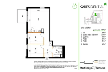 Rzut - Mieszkanie na sprzedaż 3 pokoje o powierzchni 59,97 m² - numer 14 w Kowalskiego 37