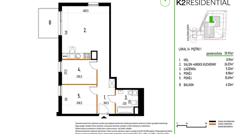 Rzut - Mieszkanie na sprzedaż 3 pokoje o powierzchni 59,97 m² - numer 14 w Kowalskiego 37