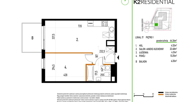 Rzut - Mieszkanie na sprzedaż 2 pokoje o powierzchni 44,36 m² - numer 17 w Kowalskiego 37