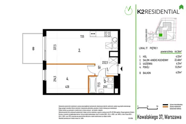 Rzut - Mieszkanie na sprzedaż 2 pokoje o powierzchni 44,31 m² - numer 17 w Kowalskiego 37